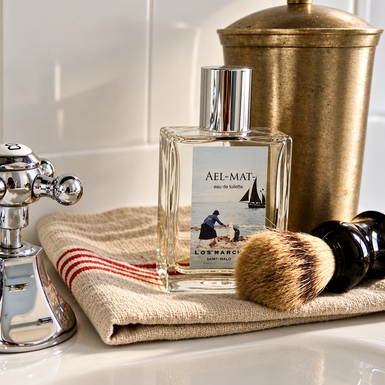 Chrome tap, cologne bottle, shaving brush and brass canister arranged on a striped towel
