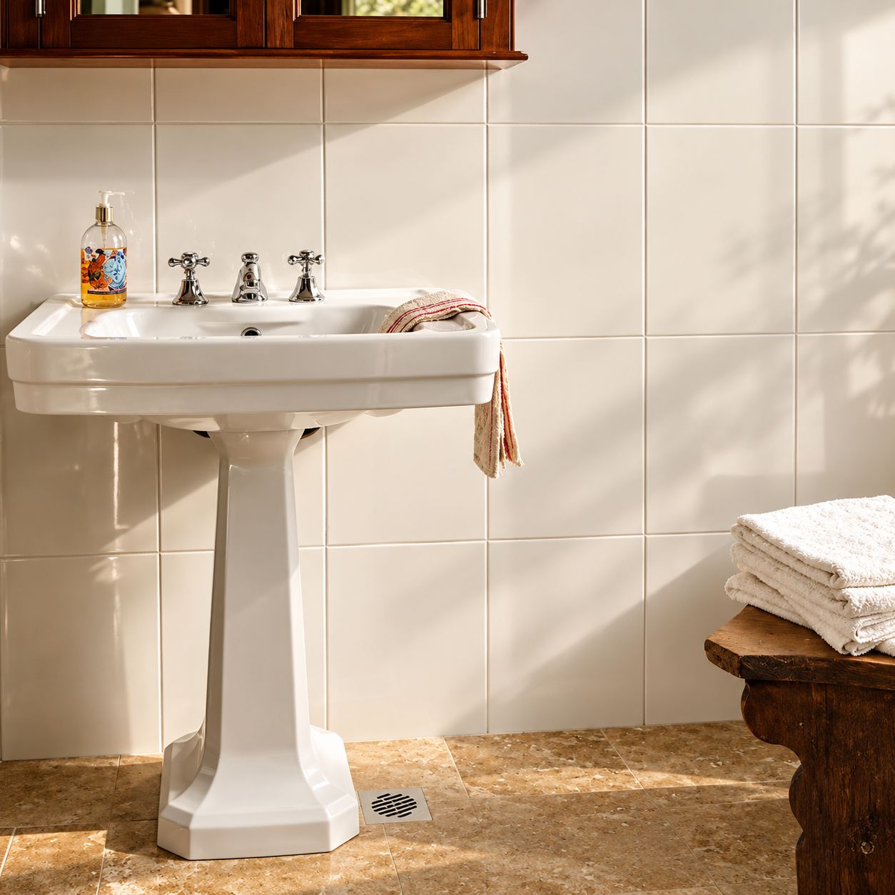 Pedestal basin with cross-head taps against white tiles, with folded towels on a timber stool