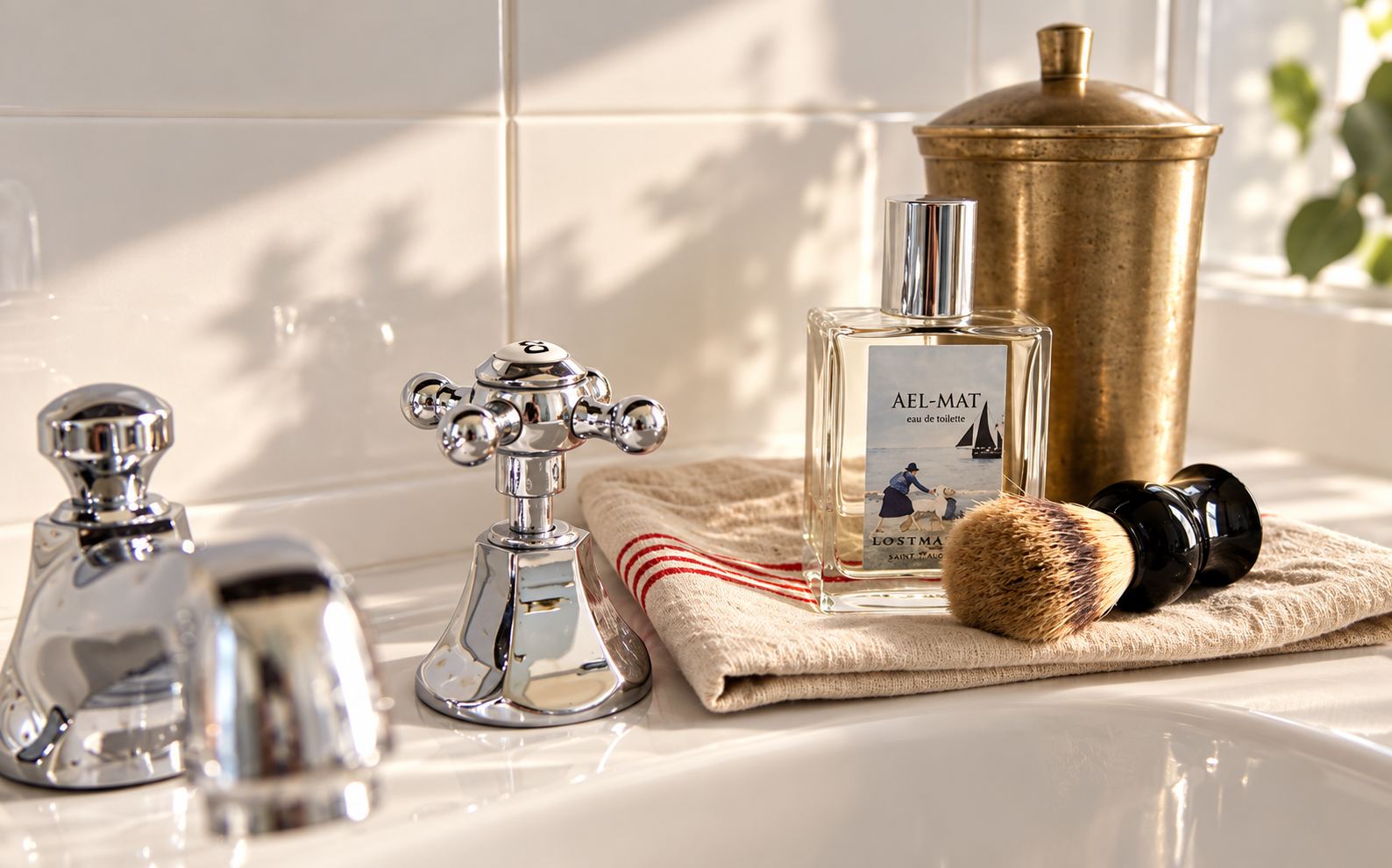 Chrome cross-head taps beside a cologne bottle, a shaving brush and a brass canister on a striped towel