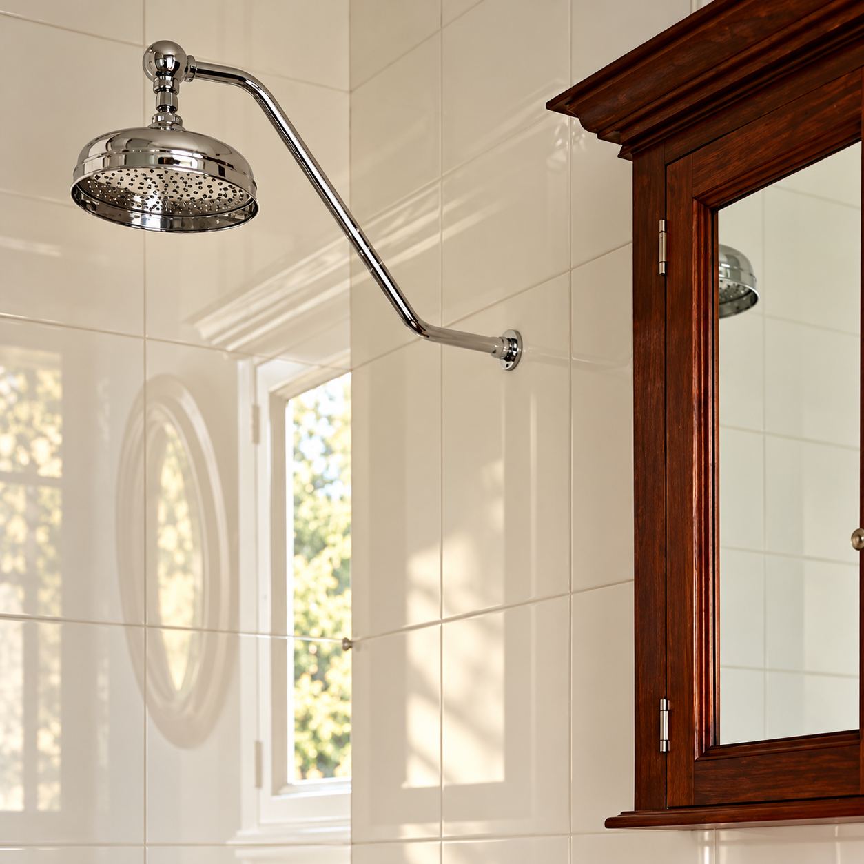 Chrome shower rose over white tiles beside a timber-framed mirror cabinet and an oval window