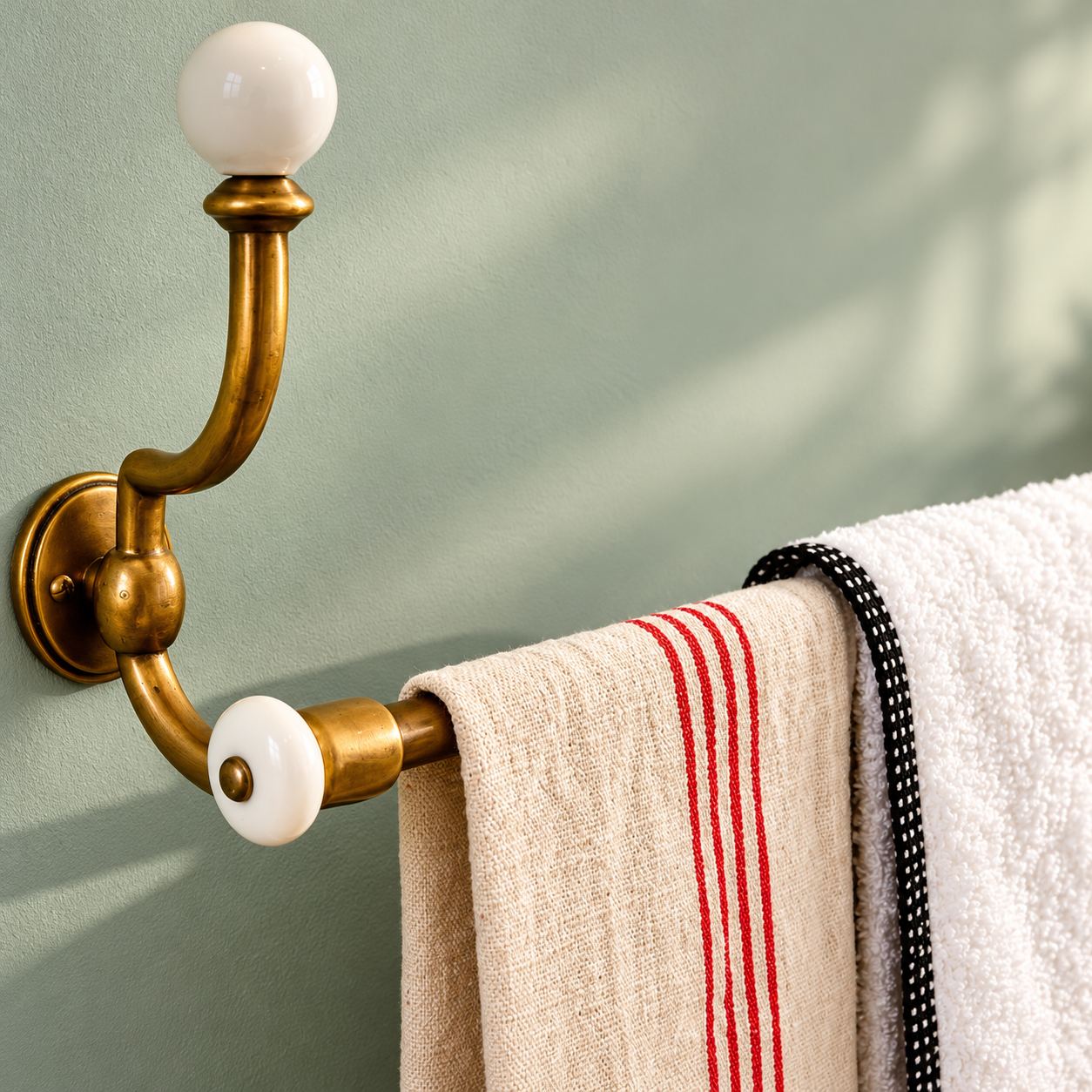Brass hook with white porcelain knobs holding striped towels against a sage-green wall