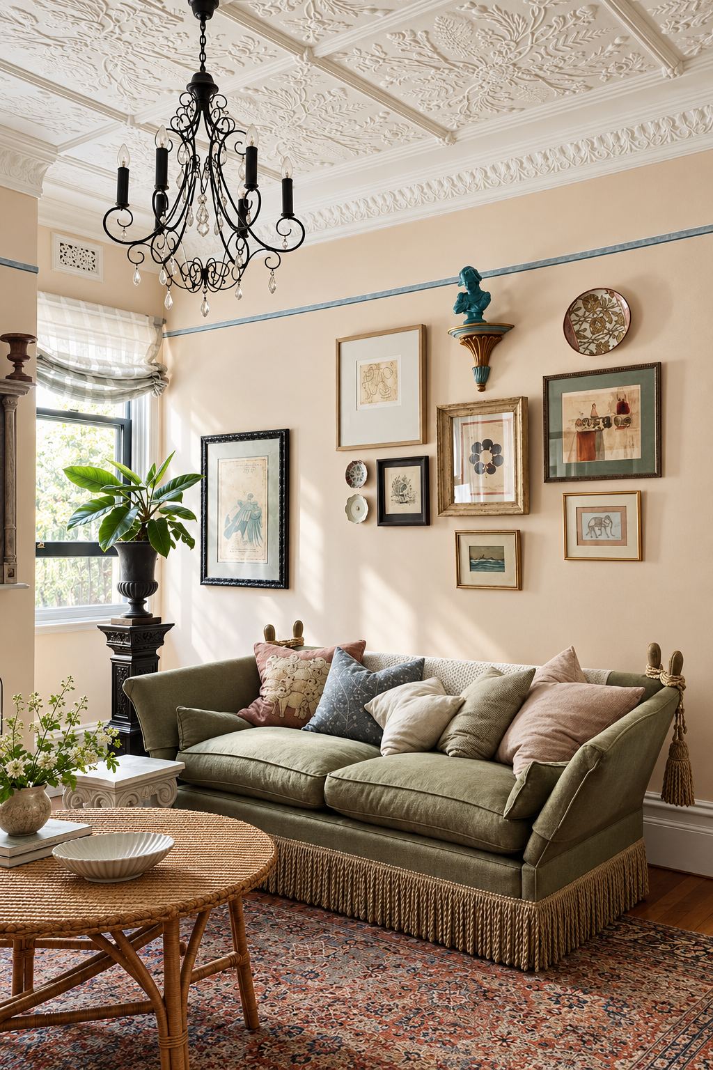 Living room with an ornate pressed ceiling, a wrought-iron chandelier, a green sofa with a fringed base, a round cane table and a gallery wall of framed prints and plates