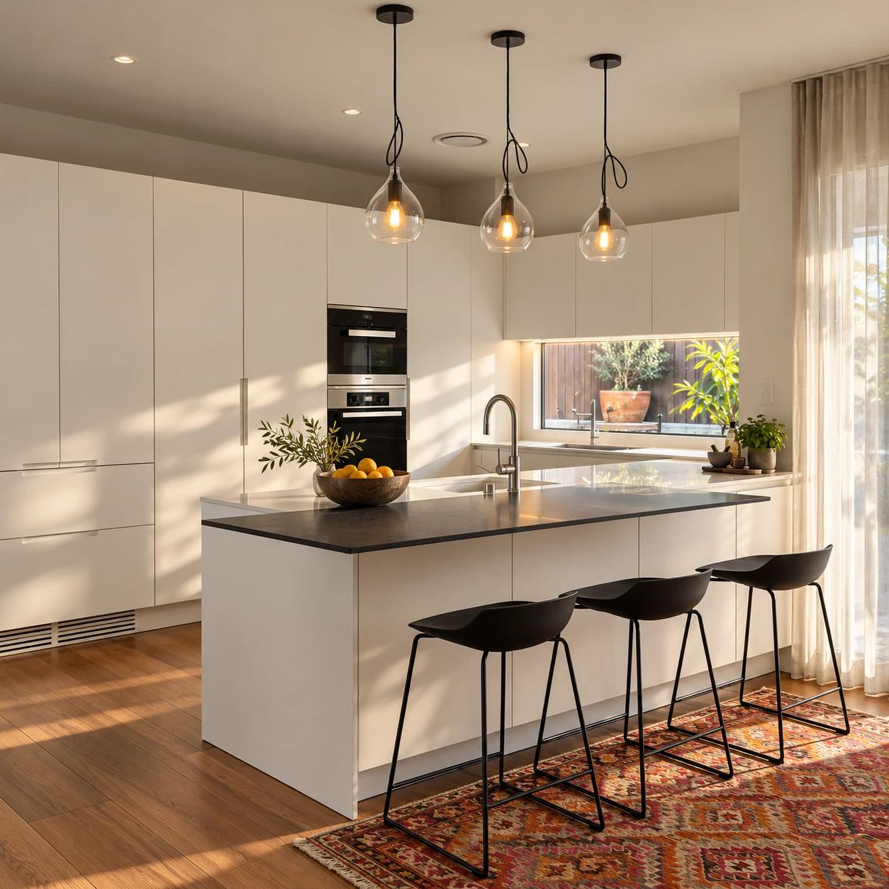 White kitchen with an island and a dark benchtop under three glass pendant lights, three black stools on a red and orange patterned rug, and sheer curtains at the window