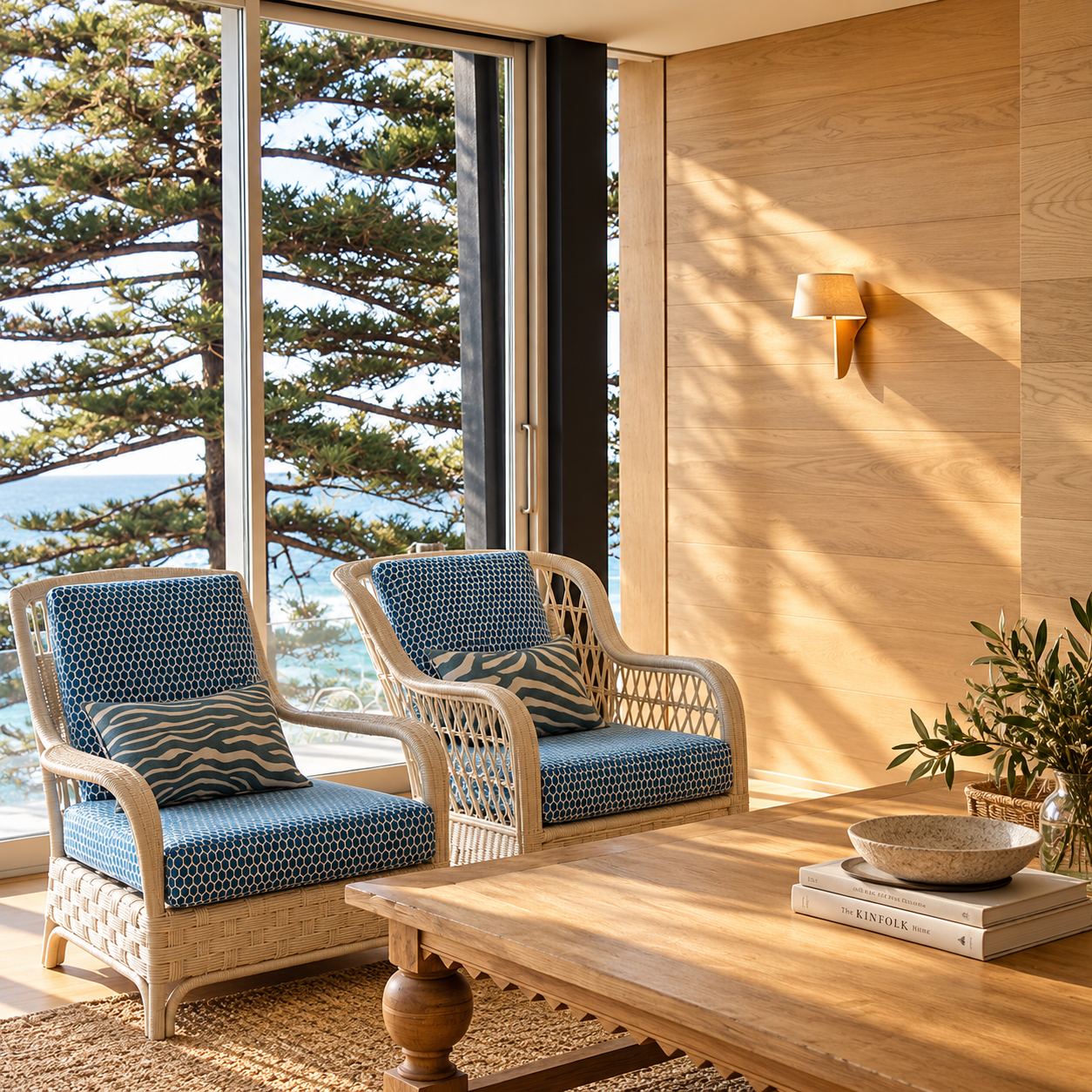Two cane armchairs with blue patterned cushions and a timber coffee table beside a window to tall pines