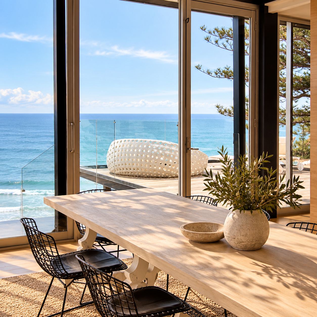 Timber dining table and black wire chairs in front of glass doors opening to the ocean
