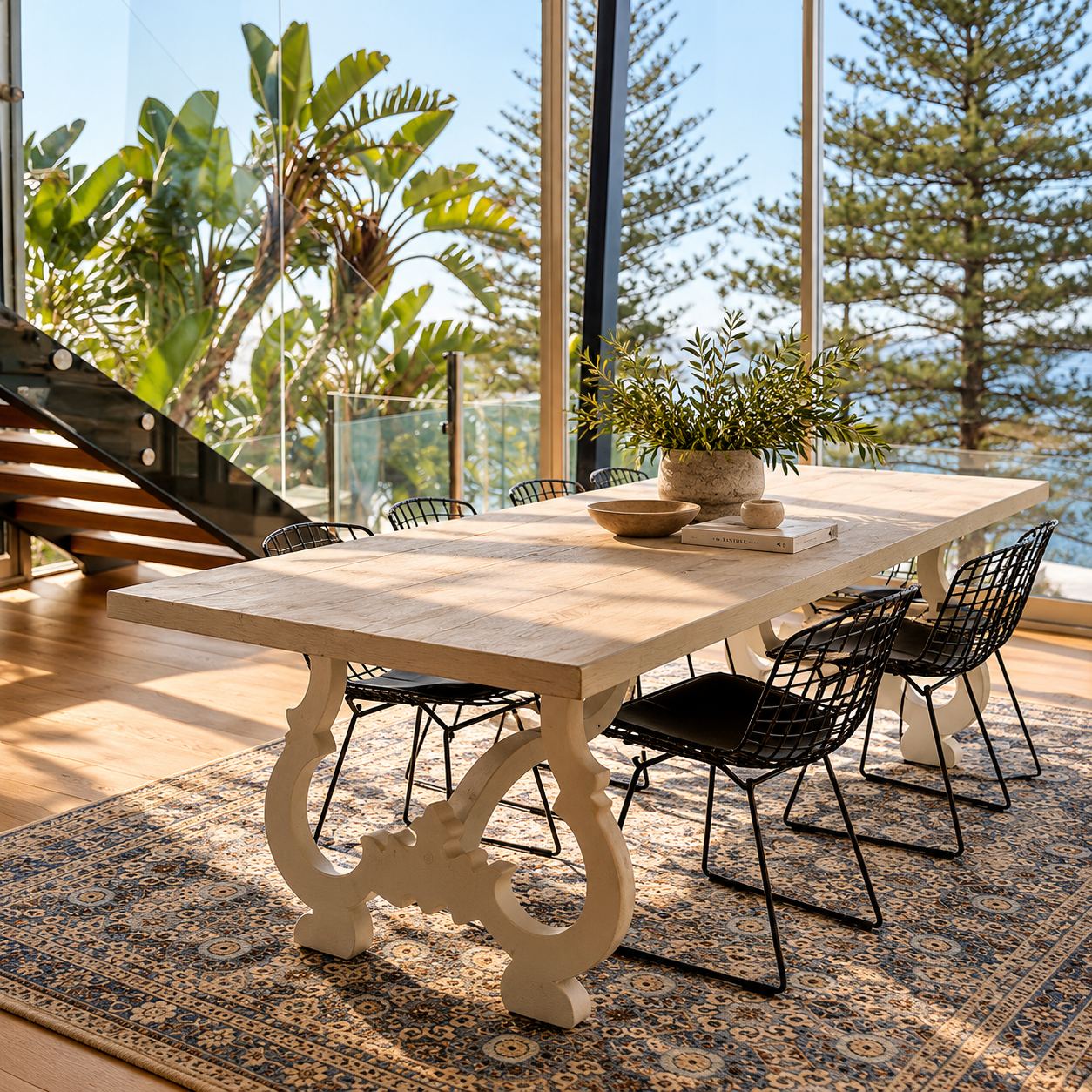 Pale timber dining table with black wire chairs on a patterned rug, surrounded by glass walls and garden