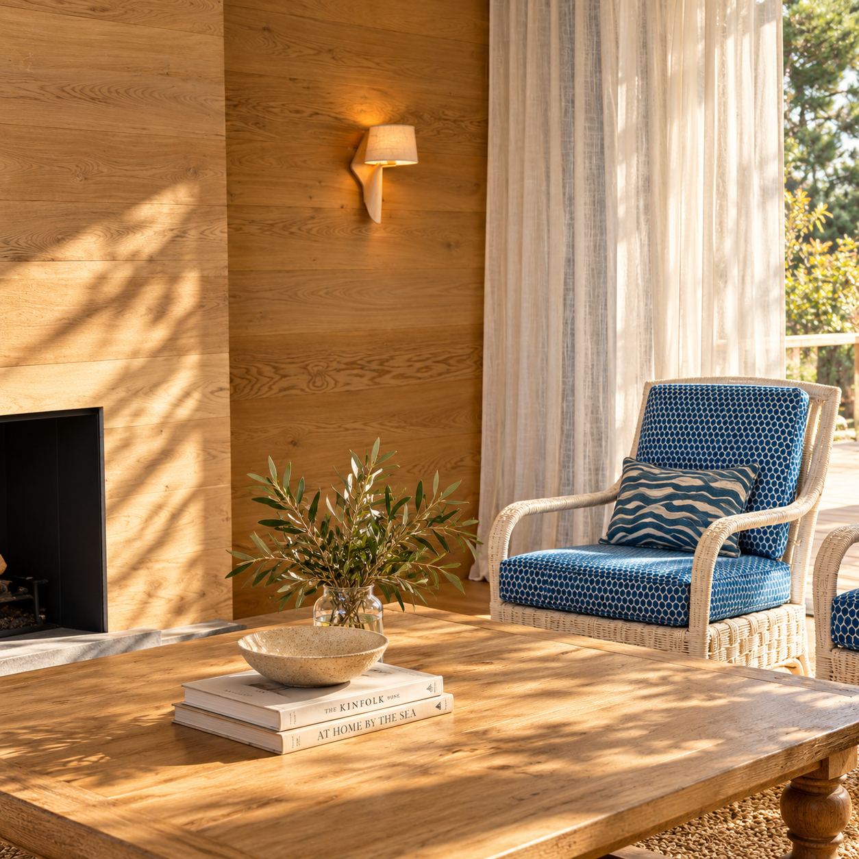 Cane armchair with a blue cushion beside a low timber table, a fireplace and timber-panelled walls