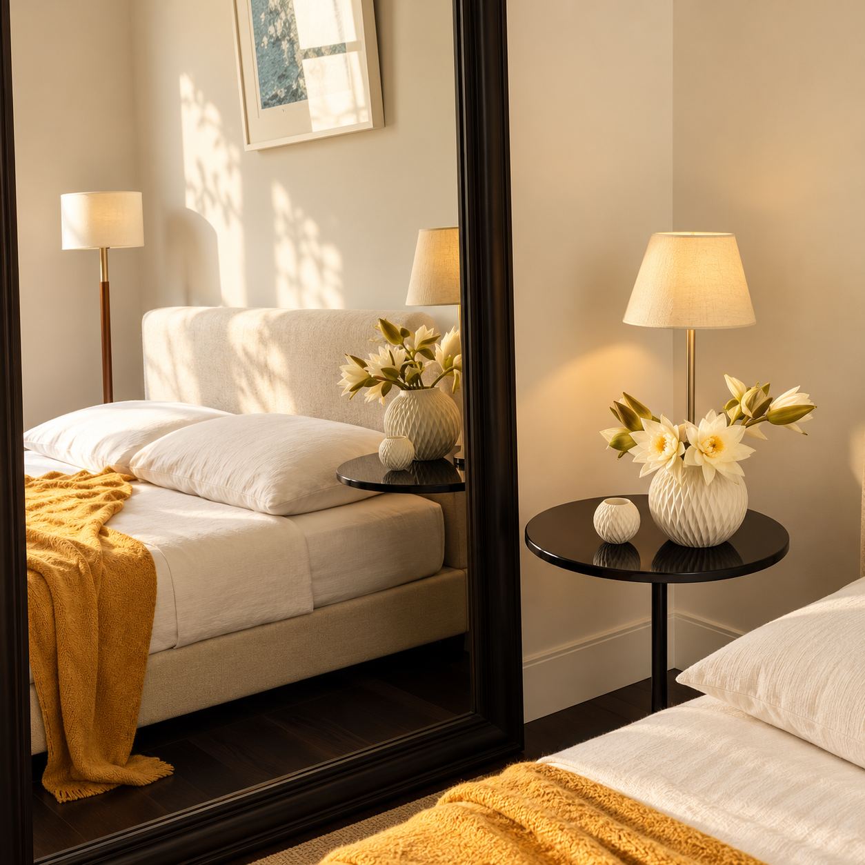 Bedroom with white bedding, a mustard throw and two bedside lamps, seen in a tall mirror