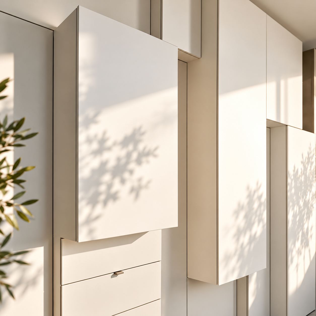 Tall white cabinet doors catching dappled leaf shadows