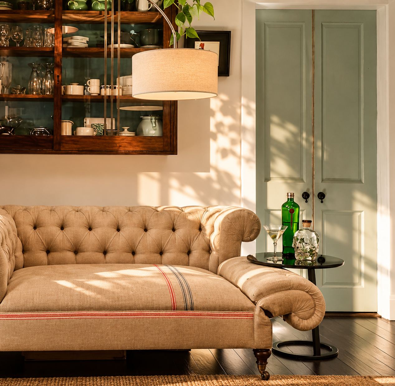 Buttoned chaise with a striped throw beside a glazed display cabinet and a pale green door