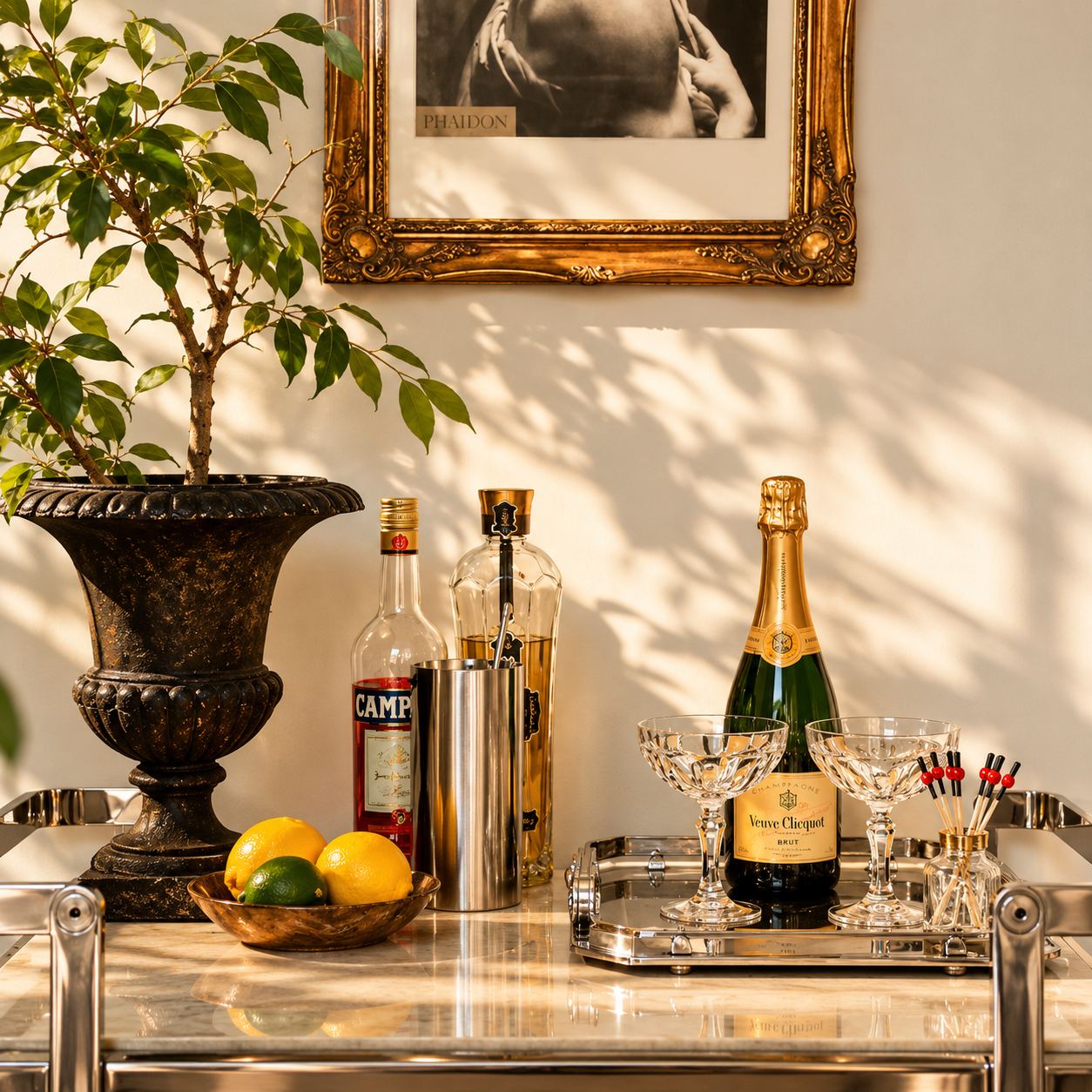 Drinks trolley with glasses, a champagne bottle and lemons beneath a gilt-framed photograph and a potted plant
