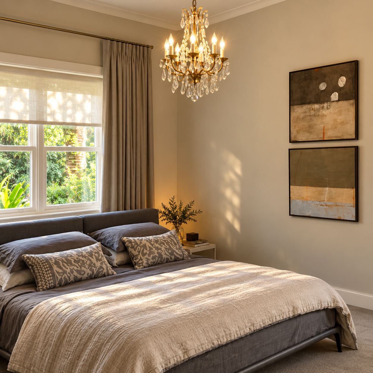 Bedroom with a crystal chandelier, a grey upholstered bed with patterned cushions and a pale throw, and two framed abstract artworks beside a garden window