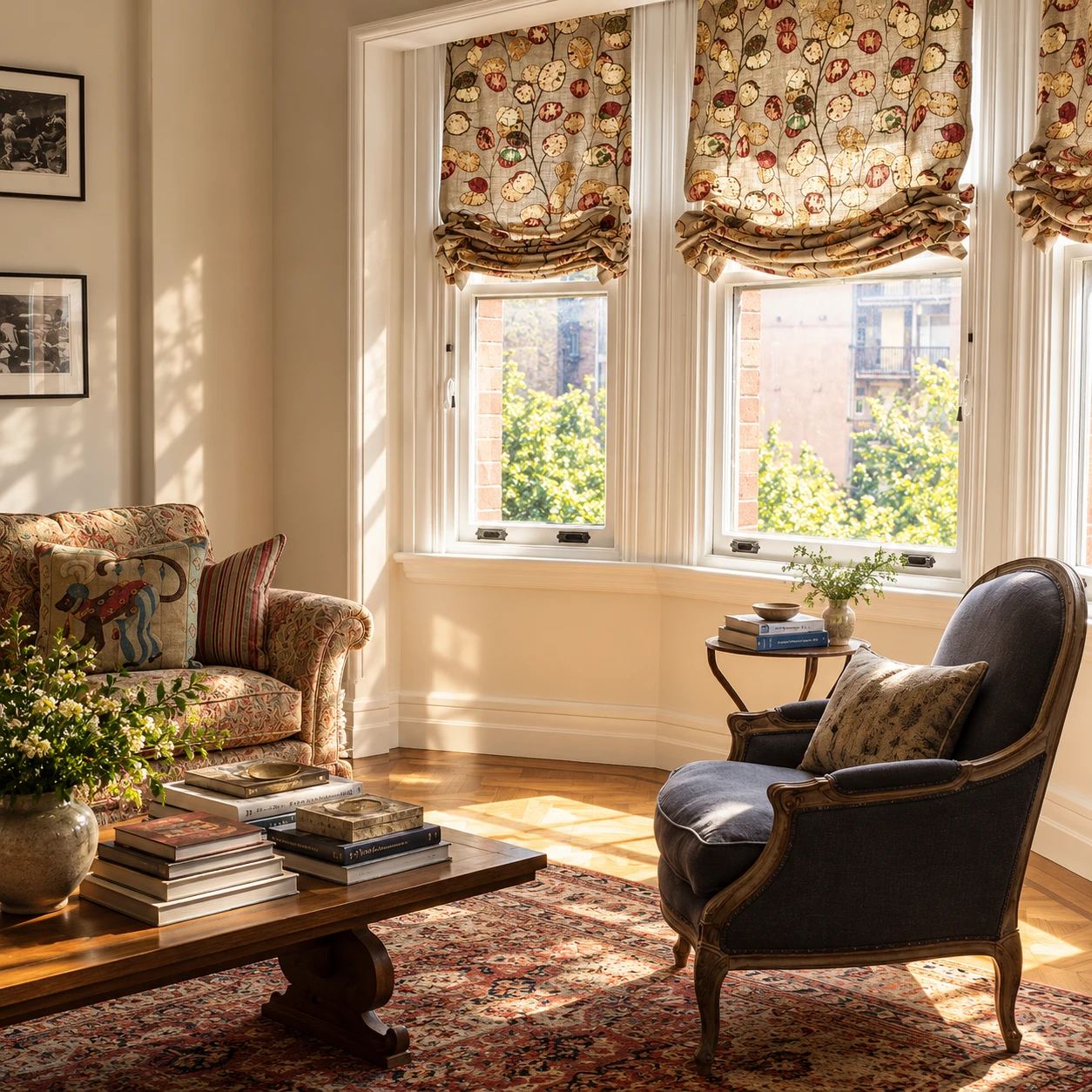 Bay window with patterned Roman blinds beside a floral sofa, a blue armchair with a carved timber frame and a timber coffee table stacked with books on a red patterned rug