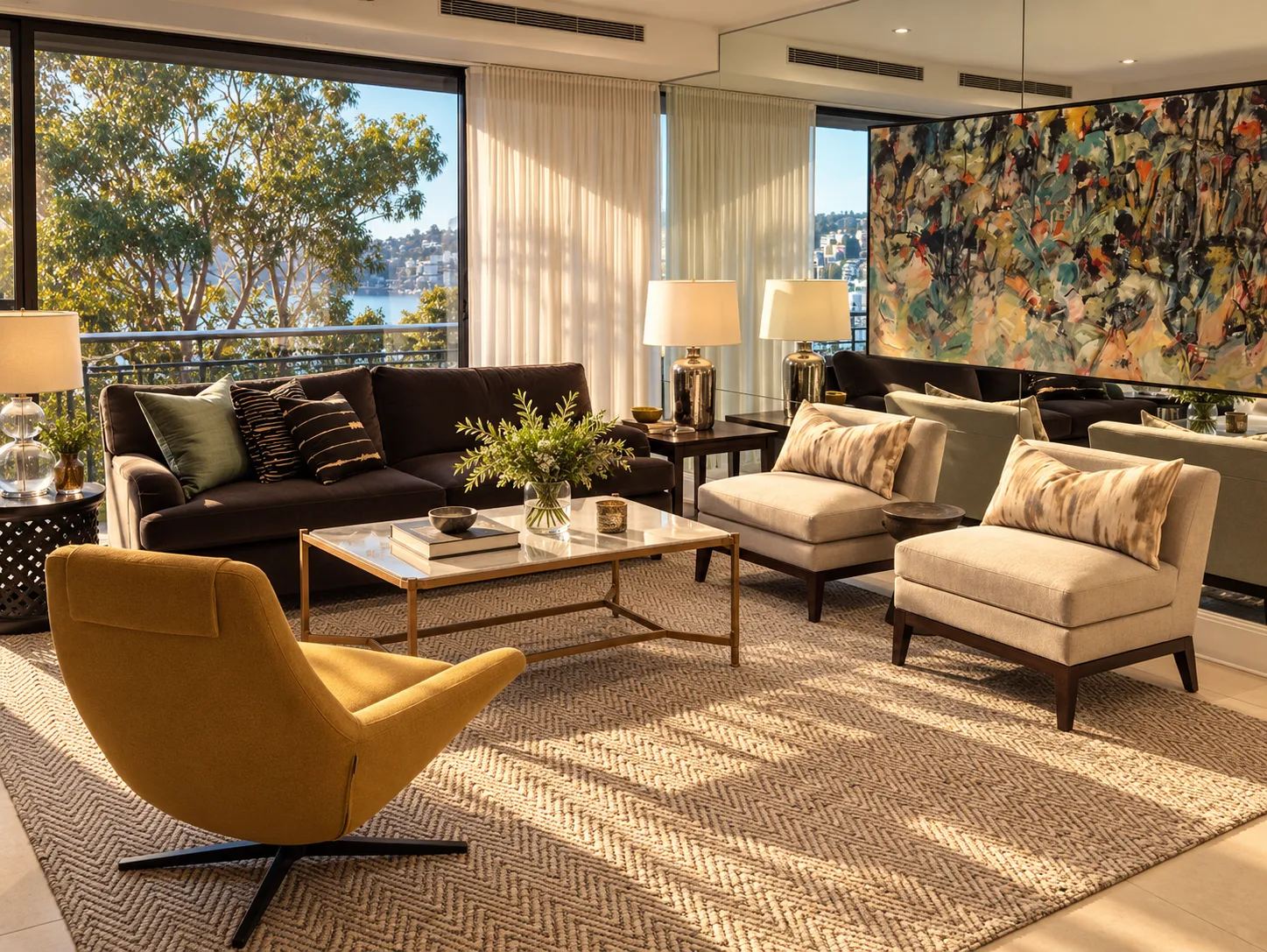 Sitting room with a dark sofa, a mustard armchair and two linen slipper chairs around a glass-topped coffee table, a large abstract painting on a mirrored wall and a view through trees to the harbour