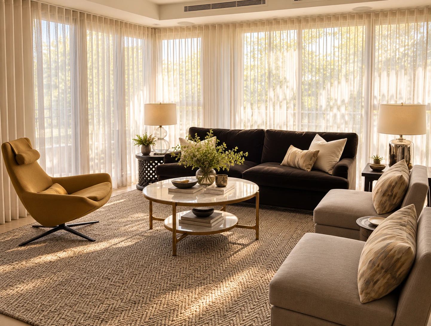 Sitting room with a dark sofa, a mustard swivel armchair and two linen armchairs with patterned cushions around a round two-tier coffee table on a herringbone rug, with sheer curtains across tall windows