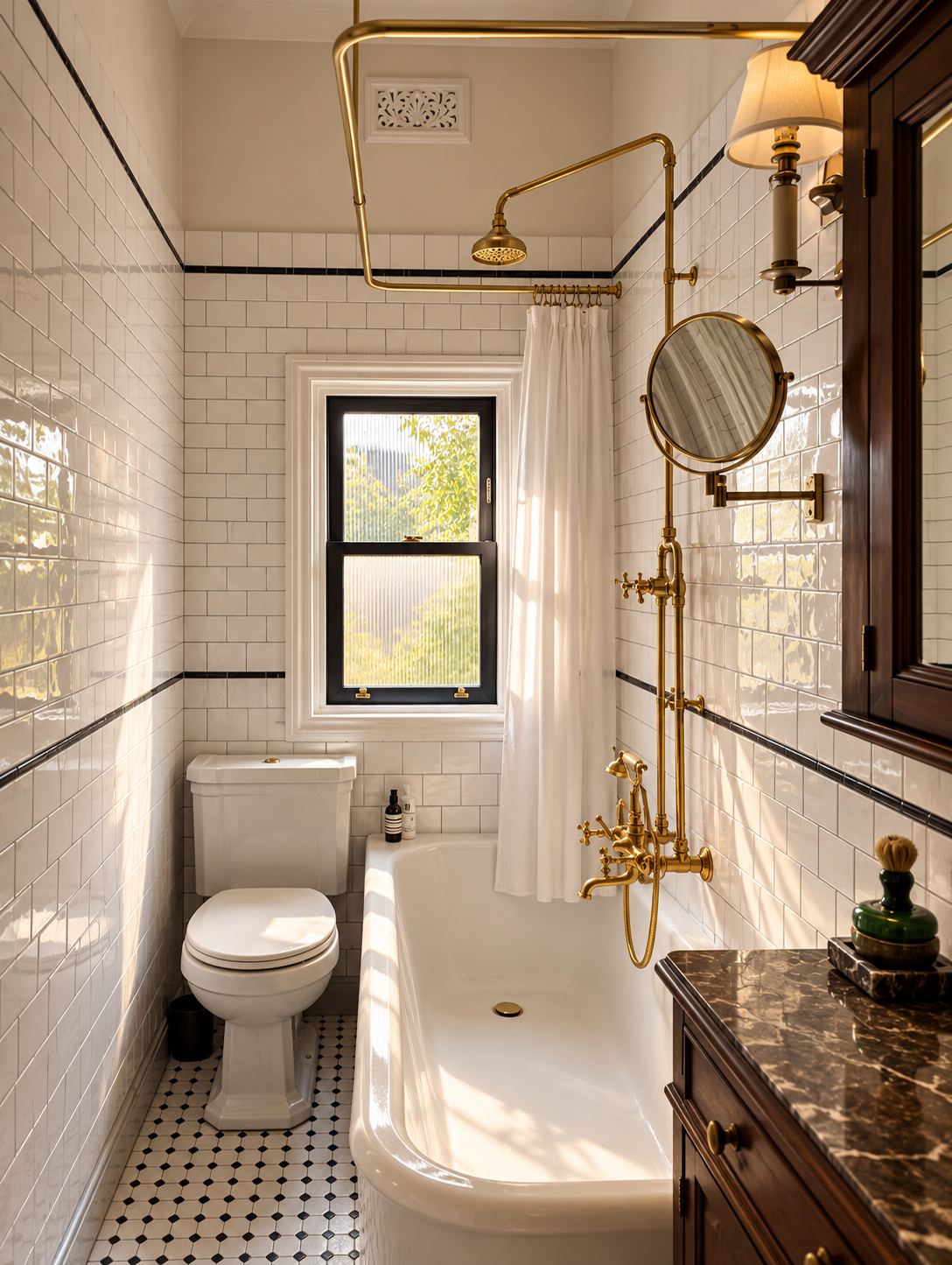 Bathroom with white tiles edged in black, a gold-toned exposed shower and bath set, a white bath and toilet, and a timber vanity with a dark stone top