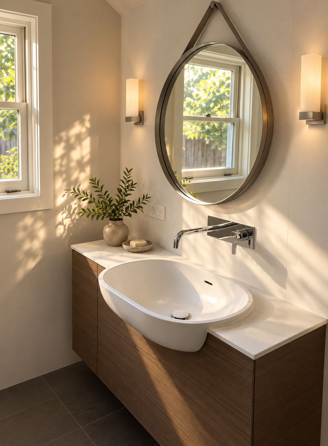 Bathroom vanity with a timber cabinet, a white basin and wall-mounted tap, and a round mirror on a strap between two wall lights