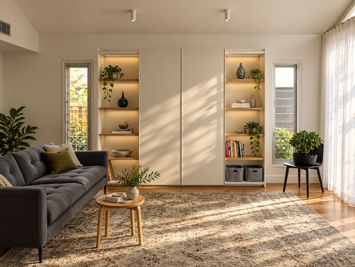 Living room with a charcoal tufted sofa, a round timber side table and a patterned rug, in front of cream built-in cupboards with lit open shelves between two tall windows