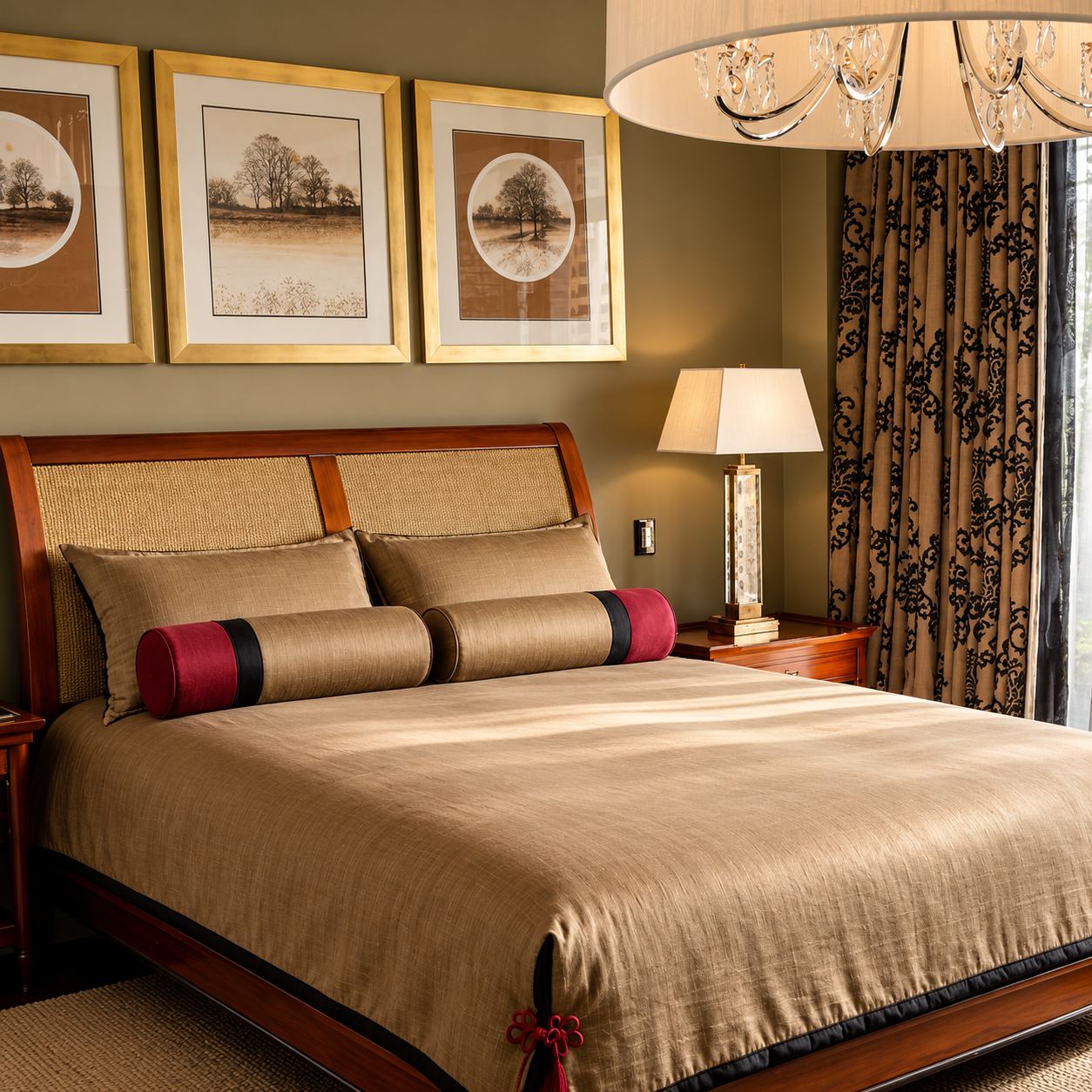 Bed with a woven headboard and dark pink bolster cushions beneath three framed tree prints and a glass pendant